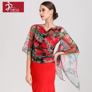 Floral Sheer Blouse with Red Skirt